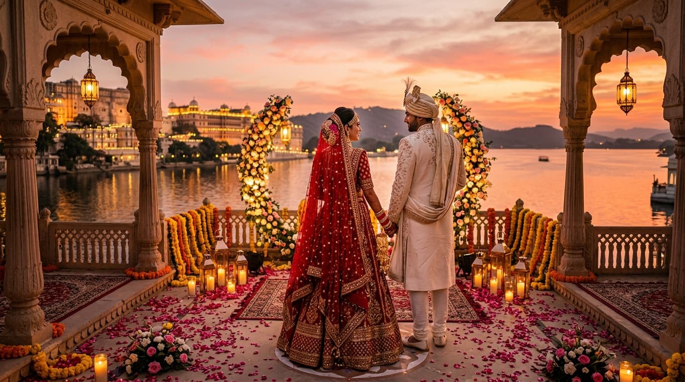 Couple on palace terrace overlooking sunset lake