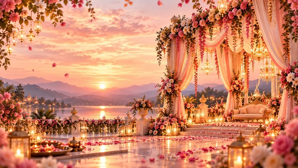 Cinematic luxury wedding mandap with flowers and sunset over water