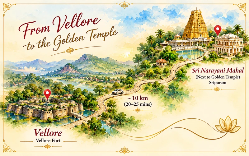 Illustrated watercolour map titled “From Vellore to the Golden Temple”: a winding road runs from Vellore Fort, beside a river and hills on the left, to Sri Narayani Mahal next to the golden gopuram of the Sripuram Golden Temple on the right. The map marks the drive as about 10 km, 20 to 25 minutes.